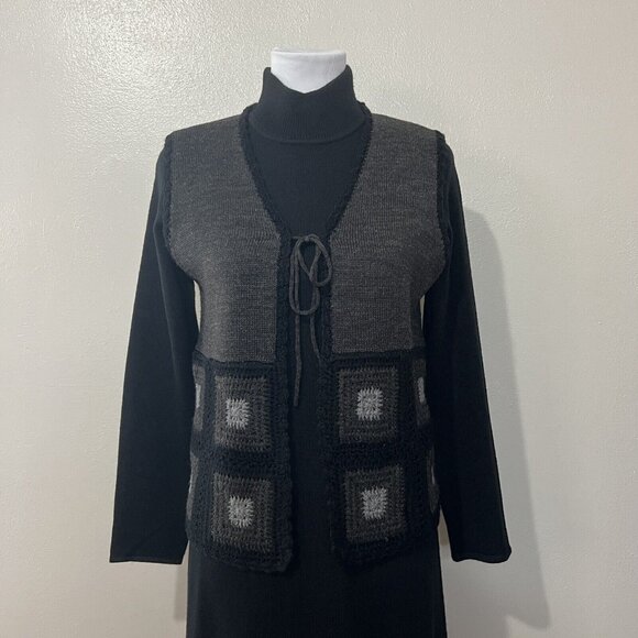 Nina Leonard Crochet Knit Dress Gray Granny Square Long Sleeve Black Wool Blend - Picture 5 of 8